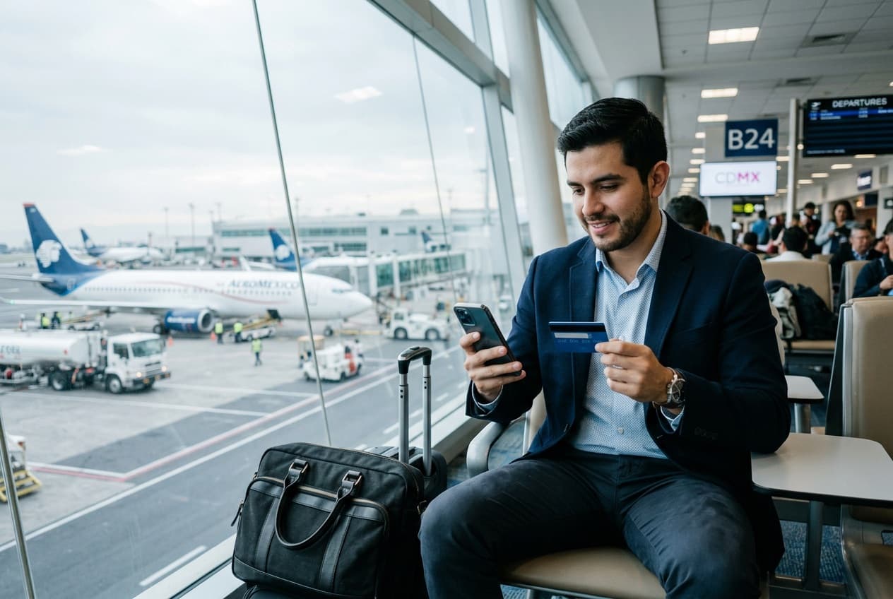 Consultor pagando desde su teléfono en la sala de un aeropuerto