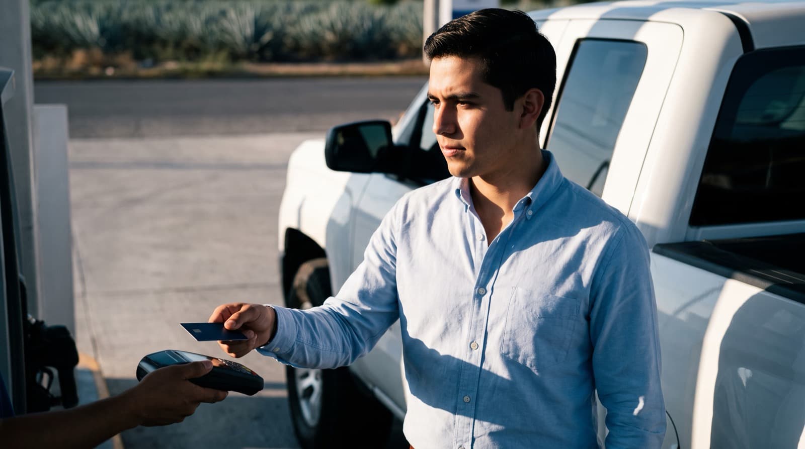 Vendedor pagando gasolina con su tarjeta GoTapp